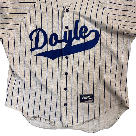 Vintage Bike Doyle Baseball Jersey Gray Blue Striped Mens Sz Large *SLEEVE STAIN - Picture 2 of 9